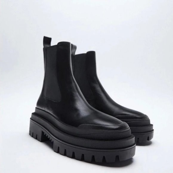 Zara Shoes - Zara Black Low Heeled Leather Chunky Ankle Boot.  SZ 10